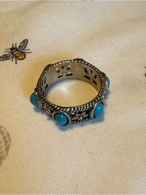Turquoise Accent Silver Band Ring - Blue Stone Women's Ring size 6.5 - 7